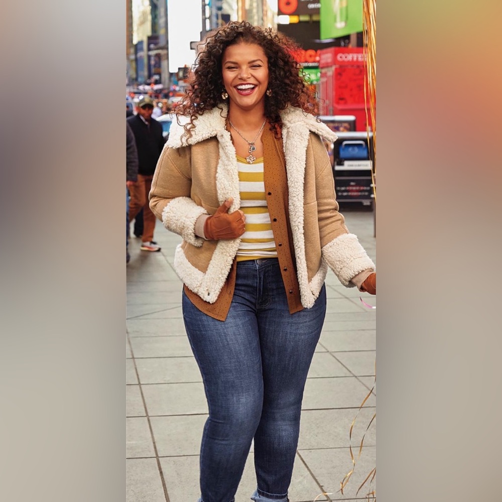 CAbi Tan Teddy Jacket with Cream Shearling Trim